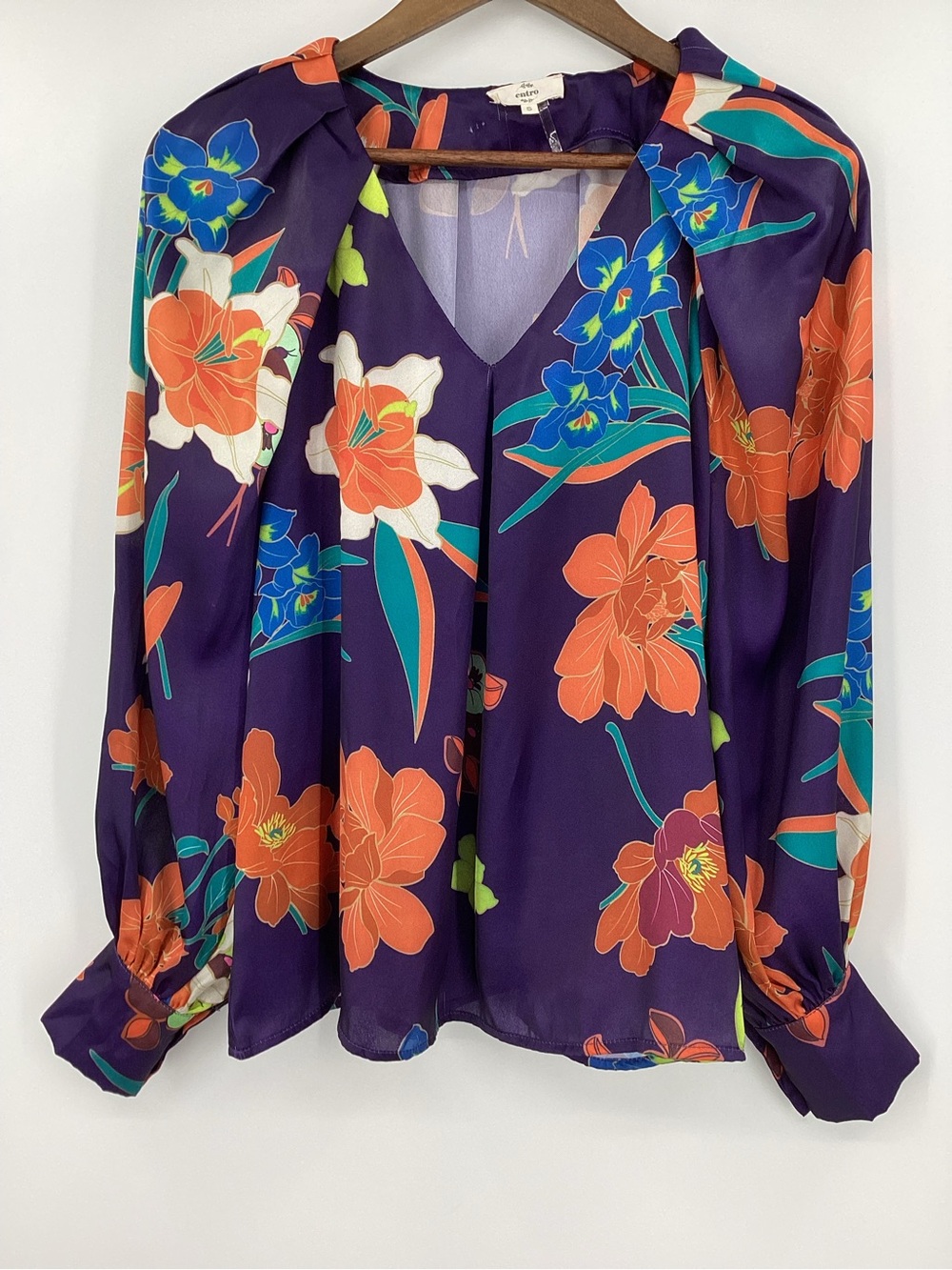 entro Purple Floral V-Neck Long Sleeve Blouse with Orange & Blue Blooms